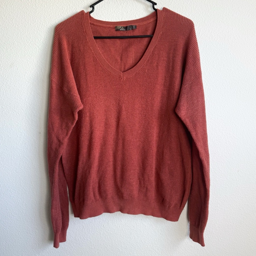 Prana orange knit v-neck light pullover sweater size large